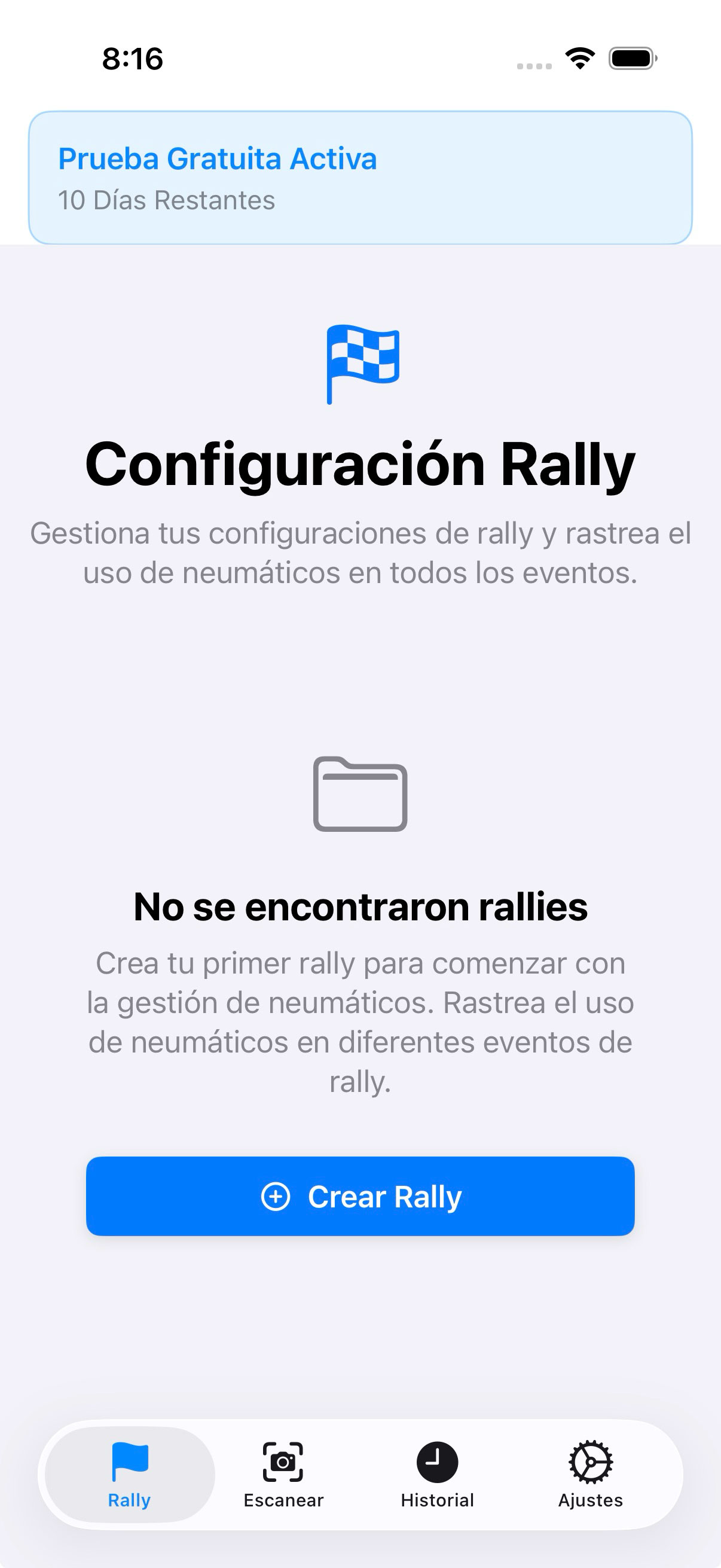 Pantalla de configuración de Rally