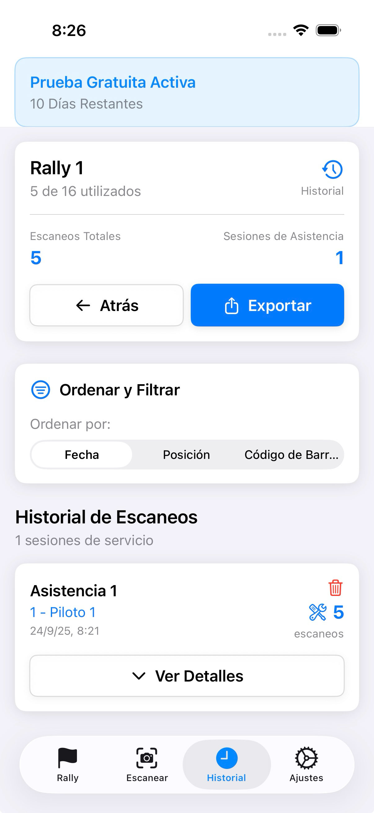 Opciones del Historial